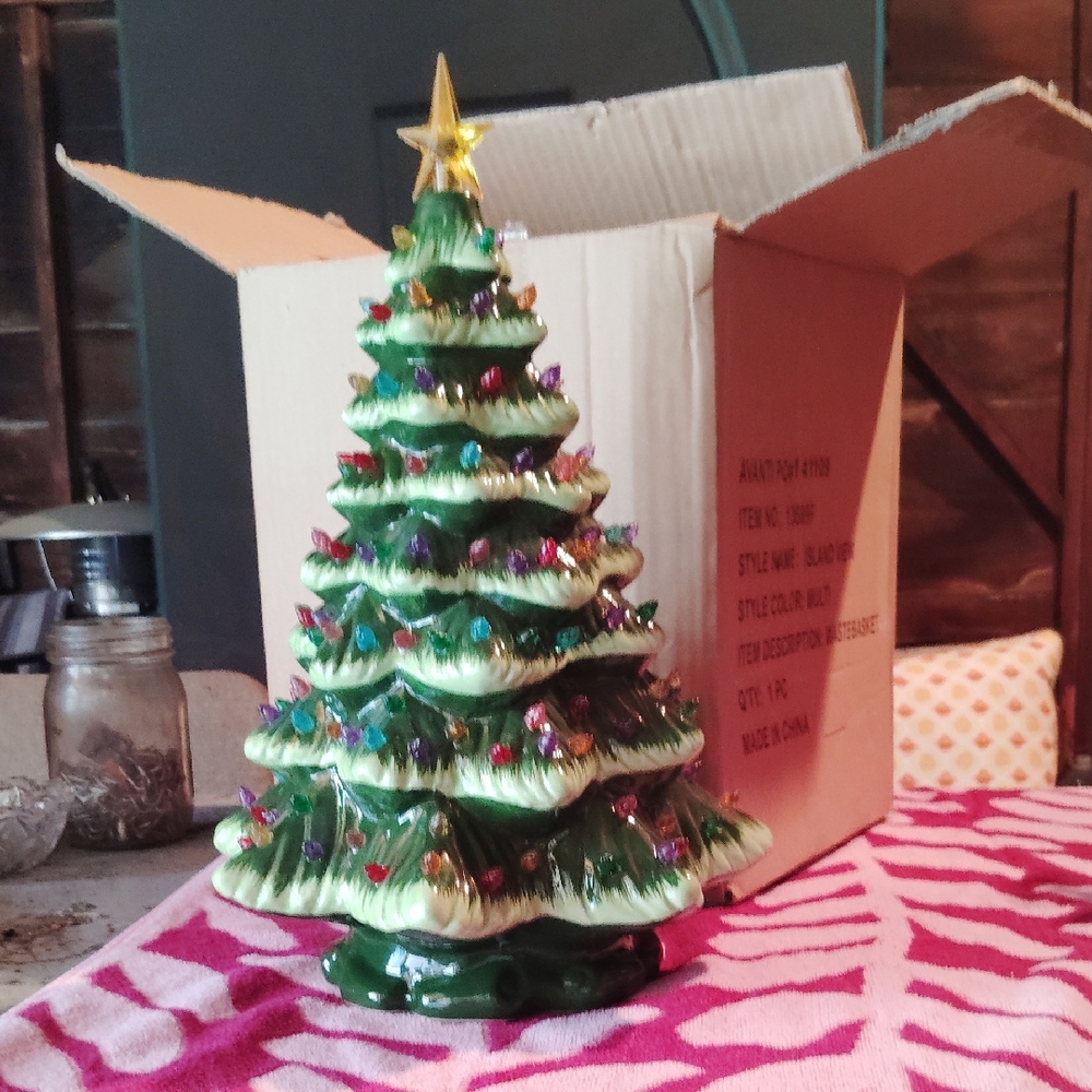 Festive Green Ceramic Christmas Tree with Multicolor Lights